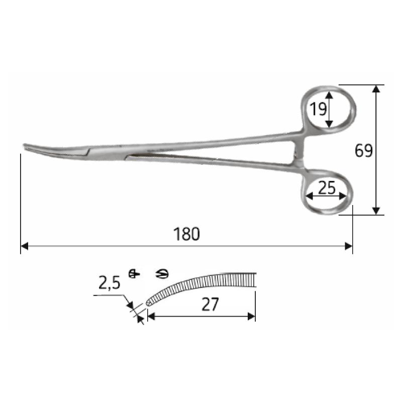Затискач судинний Halsted-Mosquito, зігнутий, зубці 1:2. 18 см, J-17-036, Surgicon.